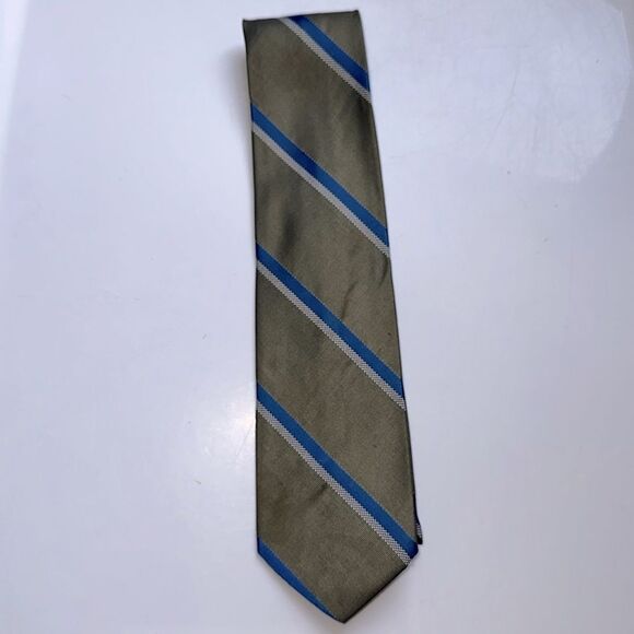 Vintage 60s/70s Trevira green, blue & white diagonal stripe polyester tie - Picture 2 of 5